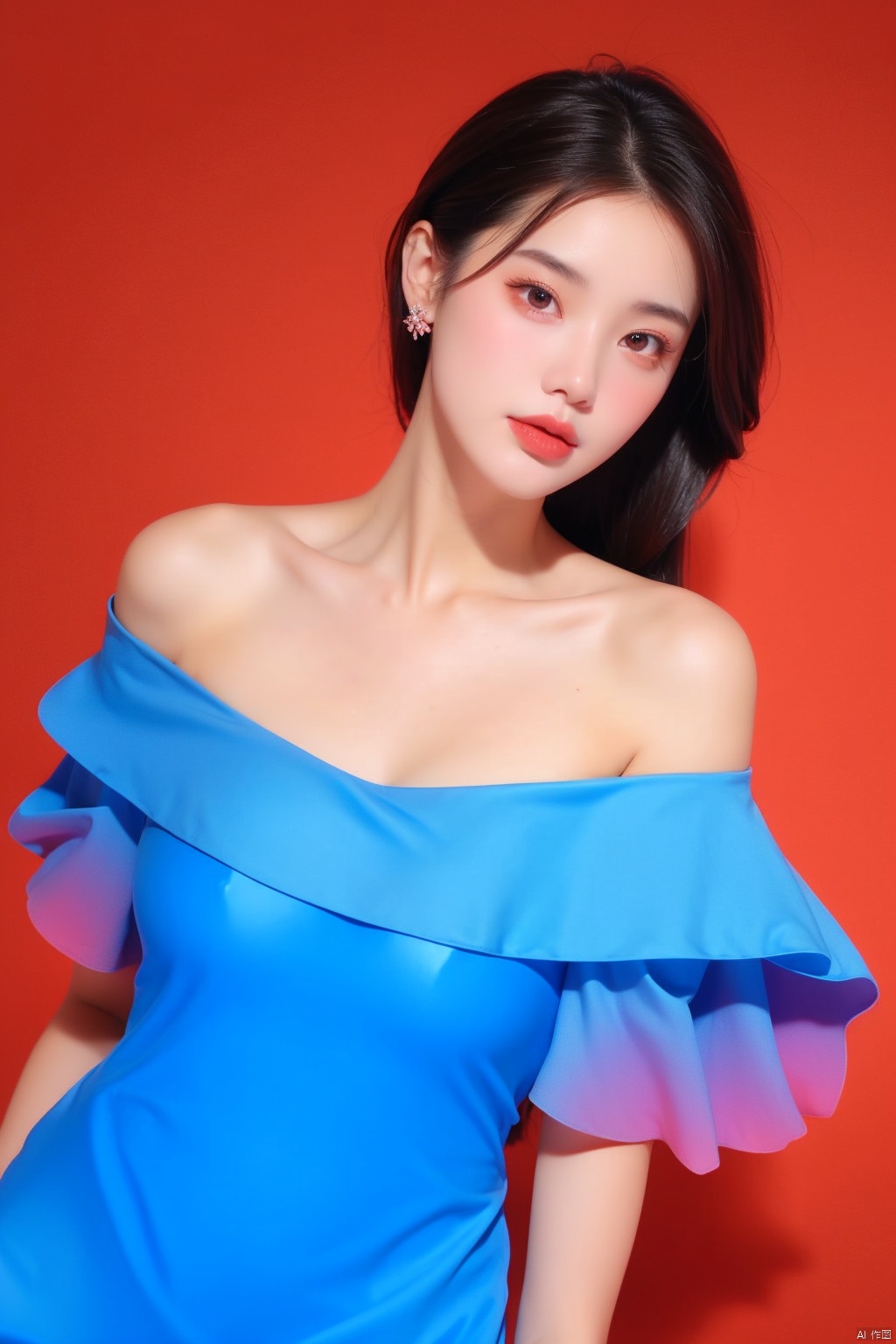  realism, portrait, moyo, 1 girl, solo exhibition, beautiful face, delicate eyes, off-the-shoulder gauze dress, ((red background, blue background, gradient background,))