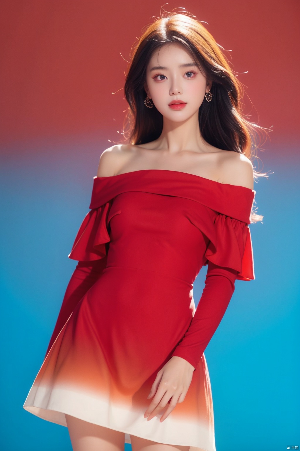  realism, portrait, moyo, 1 girl, solo exhibition, beautiful face, delicate eyes, off-the-shoulder gauze dress, ((red background, blue background, gradient background,))