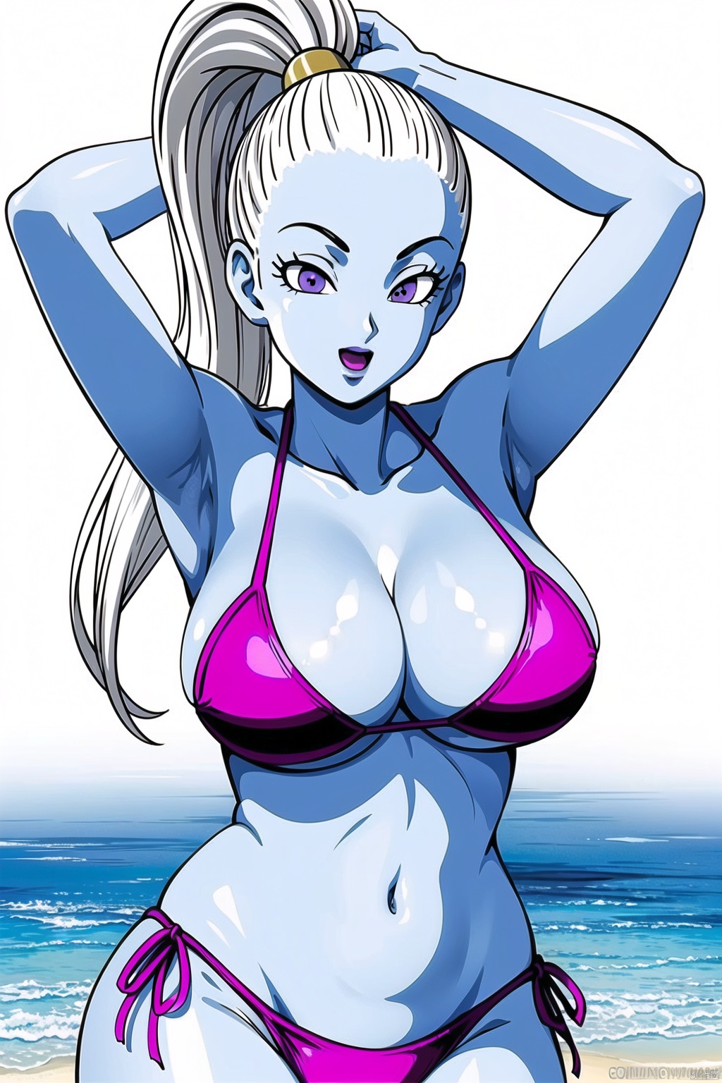  (White background :1.3),
1 girl, solo, chest, 30 years old, pretty, beautiful, smiling, camera focused on face, delicate face, looking at the audience, skin shiny,
(1girl, solo, long hair, breasts, open mouth, large breasts, simple background, white background, navel, cleavage, purple eyes, swimsuit, ponytail, white hair, bikini, armpits, arms up, side-tie bikini bottom, colored skin, watermark, high ponytail, blue skin, purple bikini, hair pulled back:1.3)
High resolution, Master Painting, CG, Wallpaper, Super Detail, Intricate Detail, Masterpiece, 8k, Contrast, Smooth, bright picture, Soft picture, Rembrandt Lighting, Amazing, Manga style, Manga, Anime, Game CG,baduosi