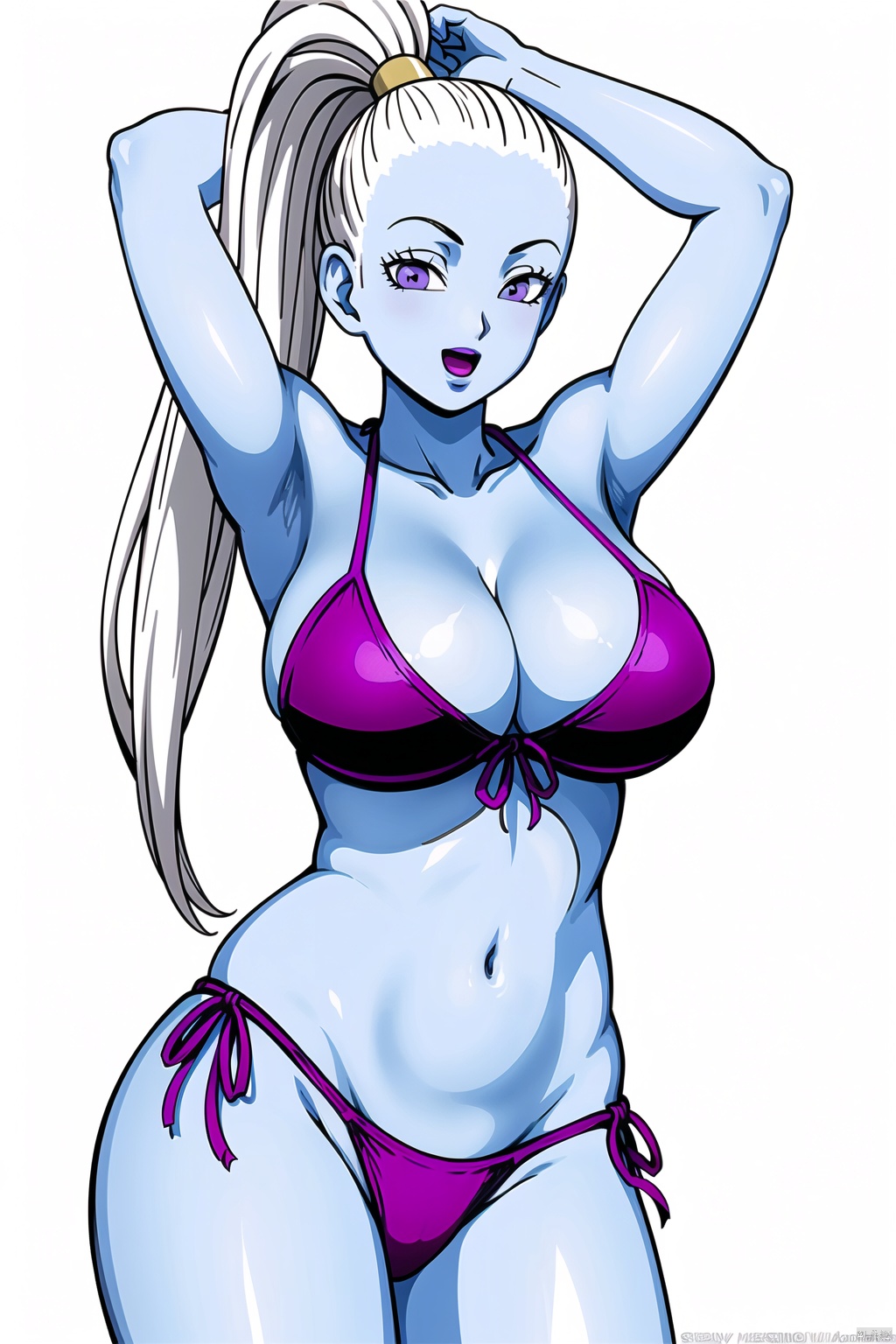  (White background :1.3),
1 girl, solo, chest, 30 years old, pretty, beautiful, smiling, camera focused on face, delicate face, looking at the audience, skin shiny,
(1girl, solo, long hair, breasts, open mouth, large breasts, simple background, white background, navel, cleavage, purple eyes, swimsuit, ponytail, white hair, bikini, armpits, arms up, side-tie bikini bottom, colored skin, watermark, high ponytail, blue skin, purple bikini, hair pulled back:1.3)
High resolution, Master Painting, CG, Wallpaper, Super Detail, Intricate Detail, Masterpiece, 8k, Contrast, Smooth, bright picture, Soft picture, Rembrandt Lighting, Amazing, Manga style, Manga, Anime, Game CG,baduosi
