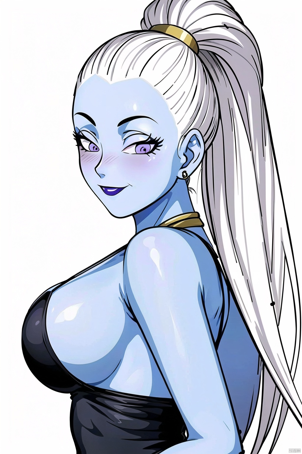  (White background :1.3),
1 girl, solo, chest, 30 years old, pretty, beautiful, smiling, camera focused on face, delicate face, looking at the audience, skin shiny,
(1girl, solo, long hair, breasts, looking at viewer, blush, smile, jewelry, purple eyes, white hair,makeup, colored skin, lipstick, blue skin, hair pulled back, purple lips:1.3)
High resolution, Master Painting, CG, Wallpaper, Super Detail, Intricate Detail, Masterpiece, 8k, Contrast, Smooth, bright picture, Soft picture, Rembrandt Lighting, Amazing, Manga style, Manga, Anime, Game CG,baduosi