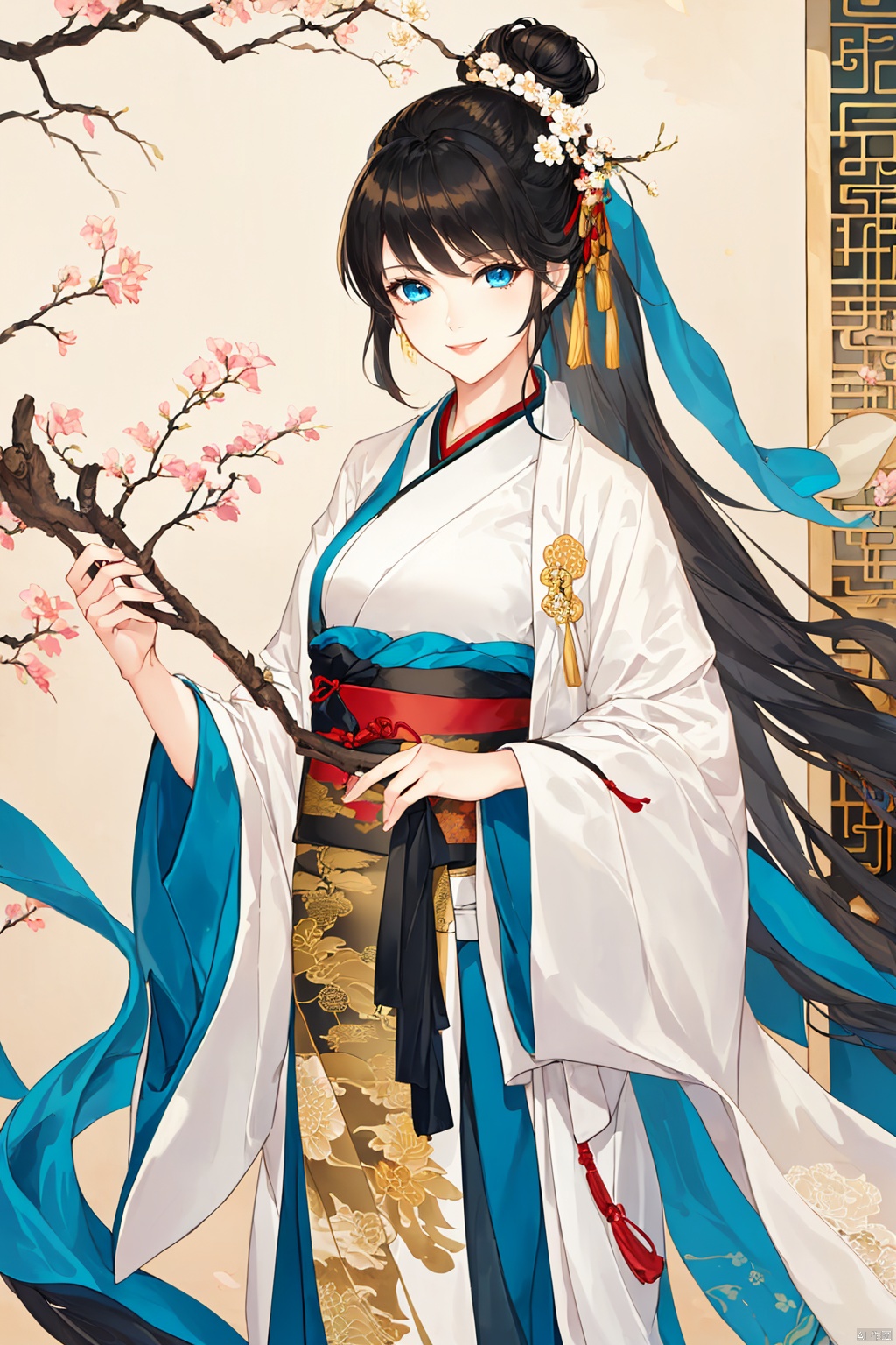 1girl, solo, long hair, looking at viewer, smile, blue eyes, black hair, hair ornament, long sleeves, standing, flower, wide sleeves, hair bun, sash, chinese clothes, single hair bun, tassel, shawl, robe, branch, hair stick, hair pulled back, hanfu