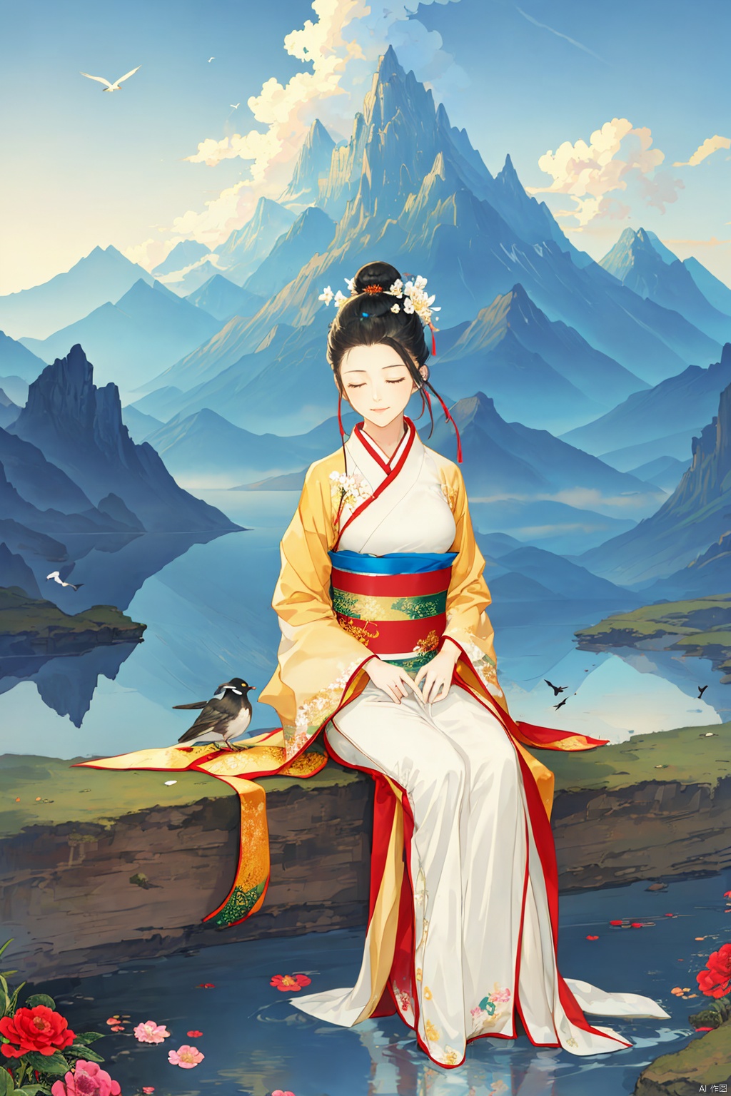 1girl, solo, black hair, hair ornament, sitting, closed mouth, closed eyes, flower, outdoors, sky, cloud, water, hair bun, sash, bird, chinese clothes, single hair bun, bug, mountain, hanfu