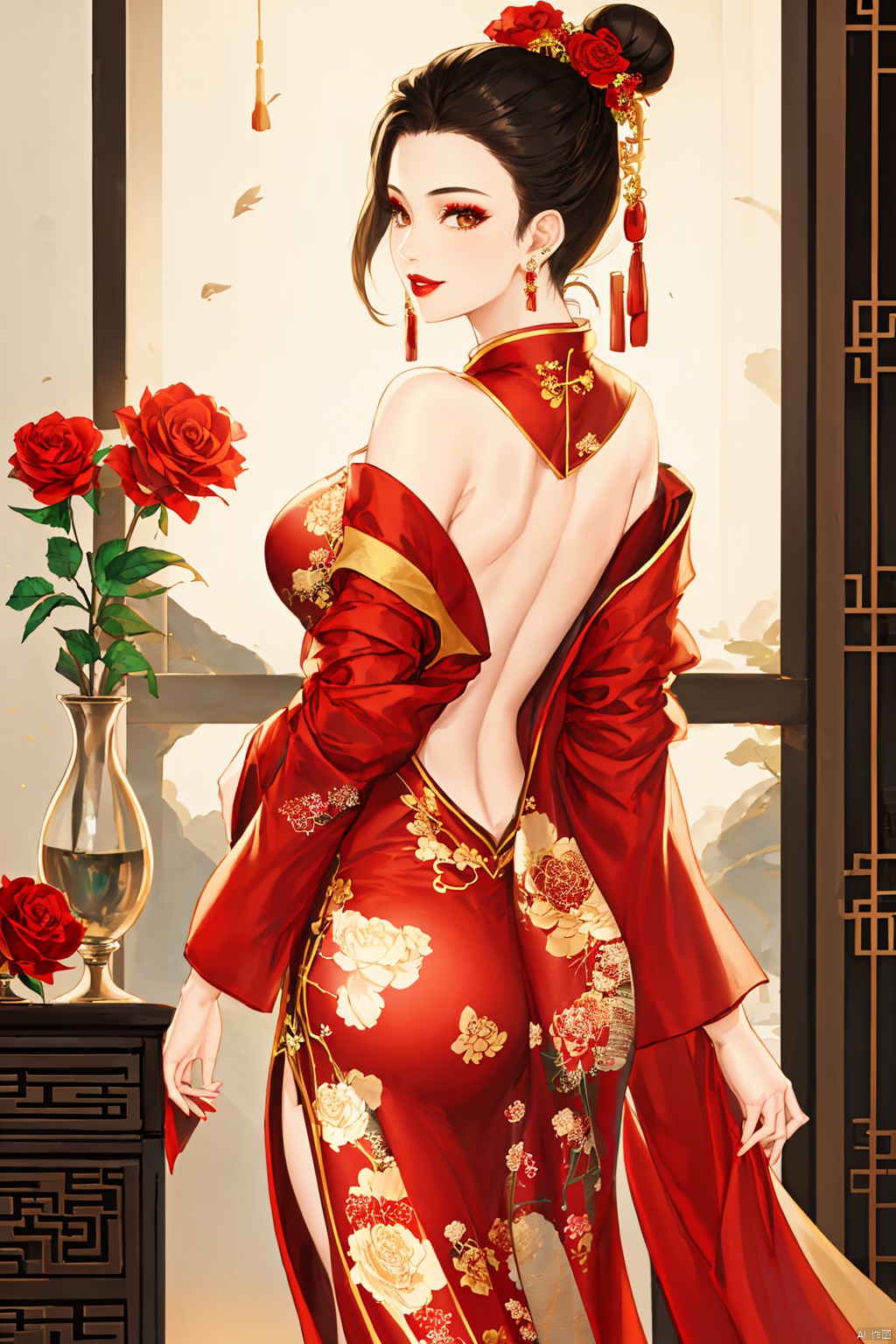 1girl, solo, breasts, looking at viewer, smile, black hair, hair ornament, long sleeves, dress, bare shoulders, brown eyes, jewelry, standing, flower, earrings, looking back, indoors, hair flower, off shoulder, hair bun, from behind, lips, makeup, rose, back, chinese clothes, floral print, red dress, single hair bun, red flower, china dress, backless outfit, red lips, bare back, backless dress, vase