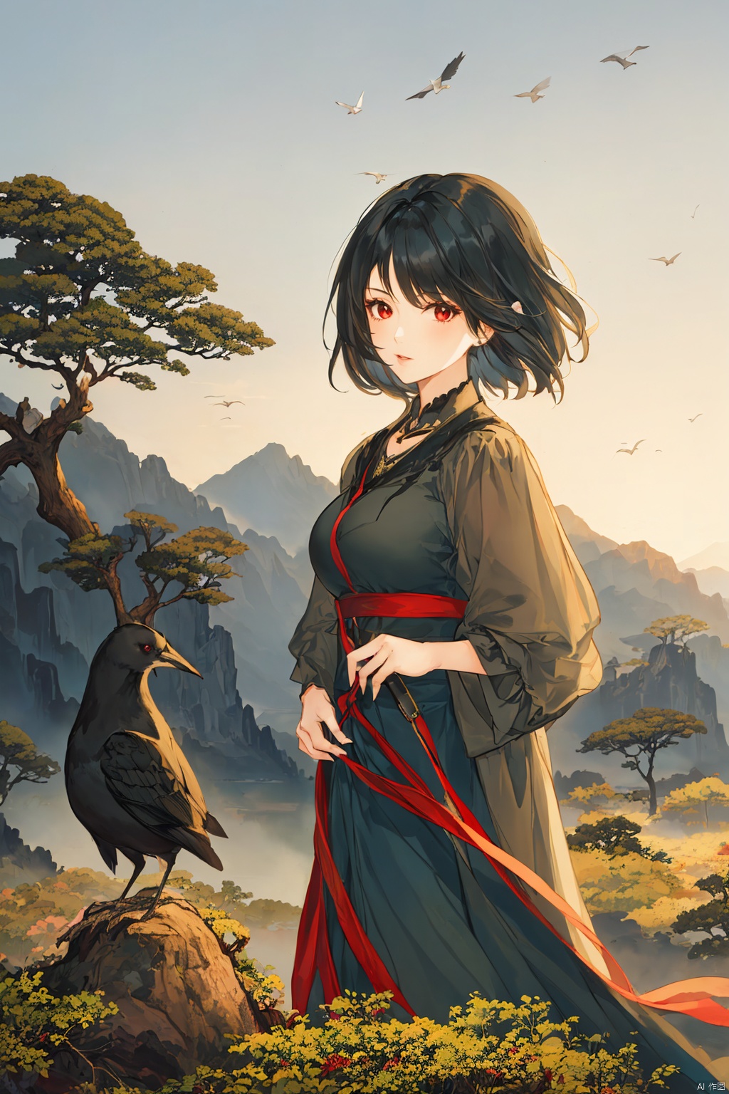 1girl, short hair, black hair, red eyes, 1boy, outdoors, tree, bird, animal, nature, oversized animal
