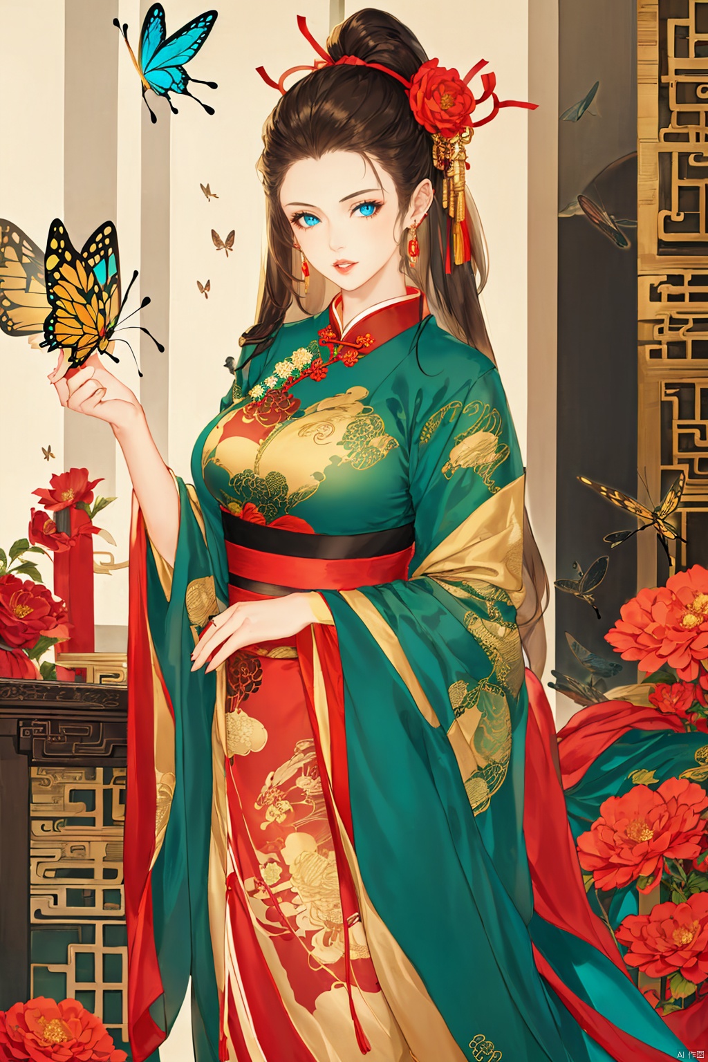1girl, solo, long hair, breasts, looking at viewer, blue eyes, brown hair, black hair, hair ornament, long sleeves, dress, ribbon, jewelry, standing, flower, earrings, parted lips, wings, indoors, wide sleeves, red ribbon, sash, chinese clothes, bug, butterfly, green dress, butterfly wings