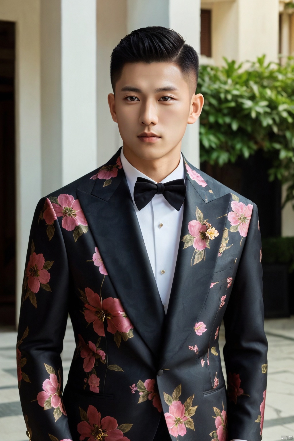  jzns,1man,male focus,asian,exquisite facial features,handsome,flower print formal,Volumetric lighting,outdoors,full shot,masterpiece, realistic, best quality, highly detailed, Ultra High Resolution,profession, zuk, jznszz,chg,brxu