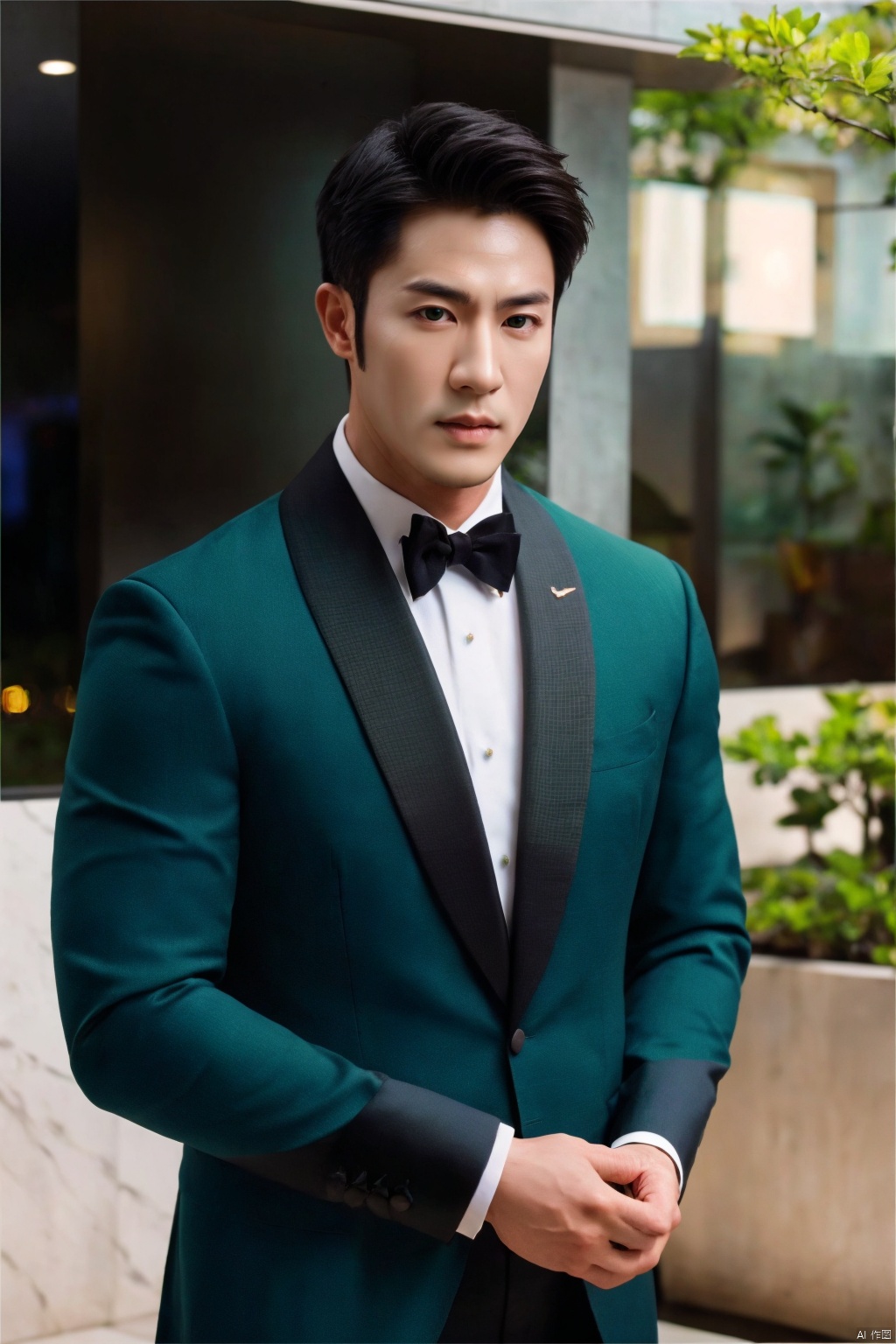  jzns,1man,male focus,asian,exquisite facial features,handsome,green formal,Volumetric lighting,outdoors,full shot,masterpiece, realistic, best quality, highly detailed, Ultra High Resolution,profession, zuk, jznszz,chg