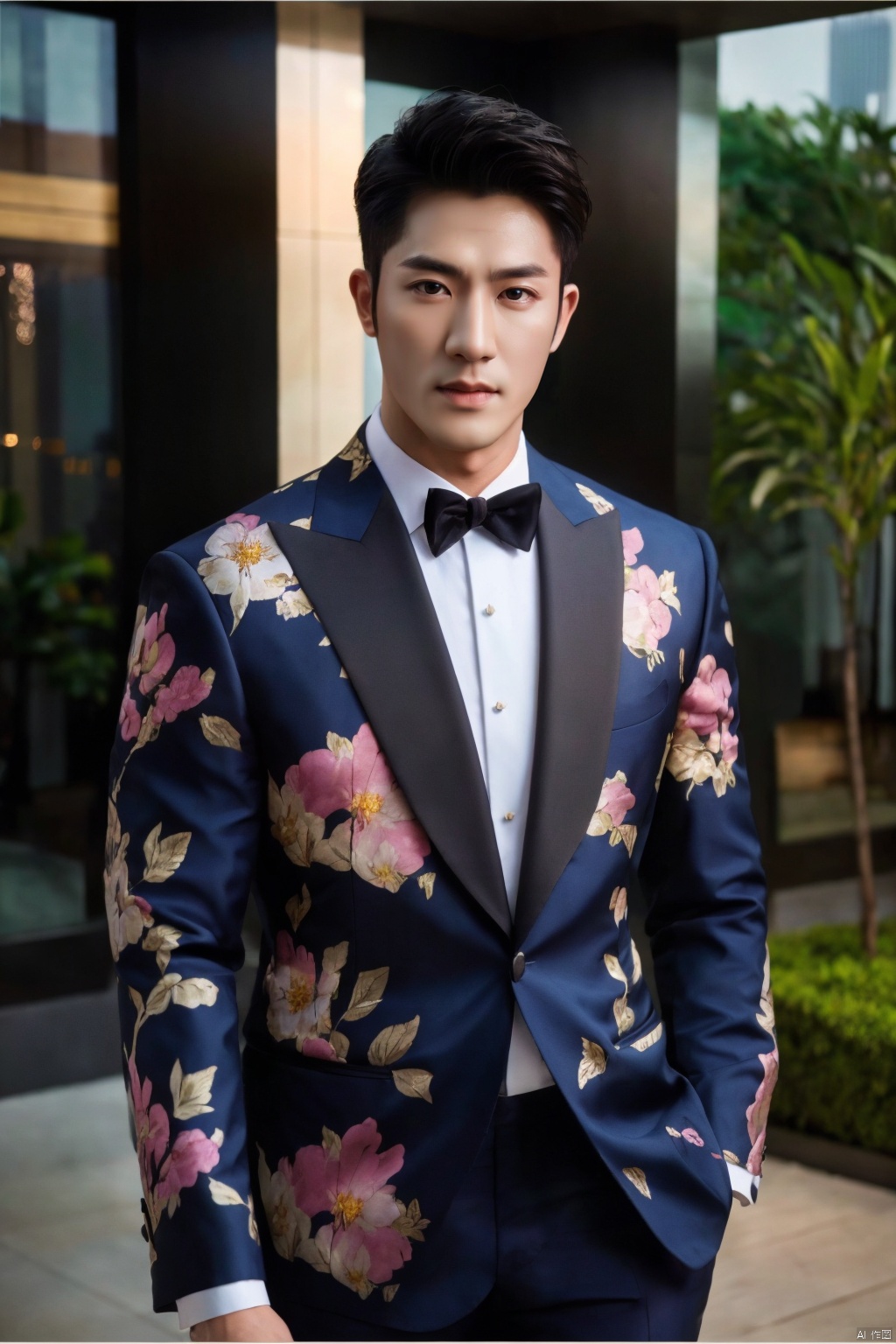  jzns,1man,male focus,asian,exquisite facial features,handsome,flower print formal,Volumetric lighting,outdoors,full shot,masterpiece, realistic, best quality, highly detailed, Ultra High Resolution,profession, zuk, jznszz,chg