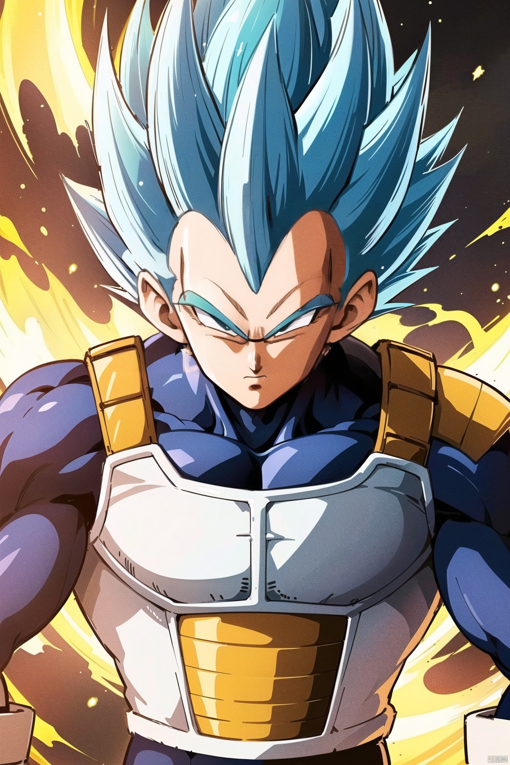 (1boy, solo, blue eyes, gloves, blue hair, upper body, male focus, white gloves, armor, tights, muscular, spiky hair, Serious, Super Saiyan, Saiyan armor, Vegita:1.3)
High resolution, Master Painting, CG, Wallpaper, Super Detail, Intricate Detail, Masterpiece, 8k, Contrast, Smooth, bright picture, Soft picture, Rembrandt Lighting, Amazing, Manga style, Manga, Anime, Game CG,beijita, ((poakl))