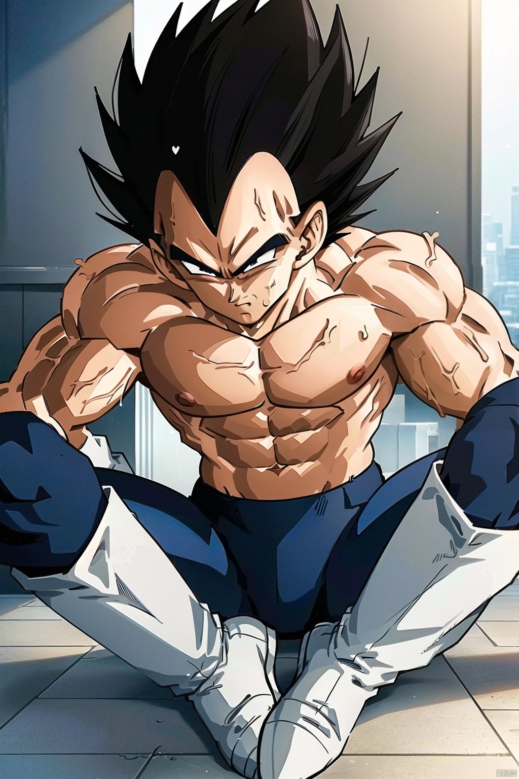 (short hair, blue eyes, black hair, gloves, sitting, closed mouth, blue hair, male focus, sweat, boots, multiple boys, solo focus, pants, white gloves, muscular, black pants, abs, white footwear, 1boys, pectorals, muscular male, spiked hair, ground vehicle, bara, large pectorals, topless male, super saiyan, vegeta:1.3)
High resolution, Master Painting, CG, Wallpaper, Super Detail, Intricate Detail, Masterpiece, 8k, Contrast, Smooth, bright picture, Soft picture, Rembrandt Lighting, Amazing, Manga style, Manga, Anime, Game CG,baduosi, beijita