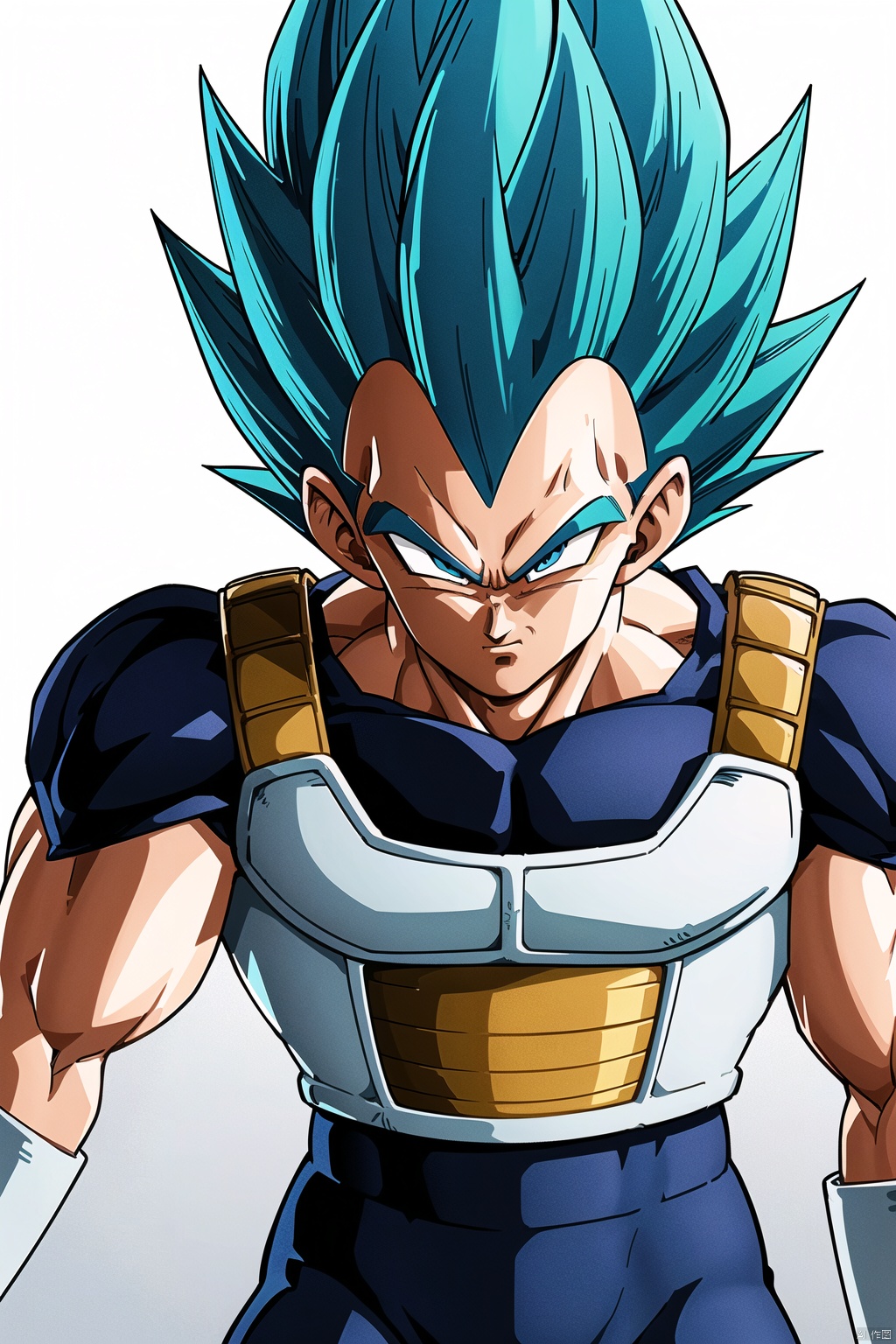 (1boy, solo, blue eyes,  blue hair, upper body, male focus, armor, tights, muscular, spiky hair,  Serious, Super Saiyan, Saiyan armor, Vegita:1.3)
High resolution, Master Painting, CG, Wallpaper, Super Detail, Intricate Detail, Masterpiece, 8k, Contrast, Smooth, bright picture, Soft picture, Rembrandt Lighting, Amazing, Manga style, Manga, Anime, Game CG,beijita, ((poakl))