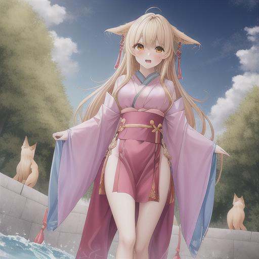 Fox spirit,1girl,hanfu,<lora:add_detail:0.5>,<lora:Nightmar_20230623165724:0.5>,tushansusu,alfresco,Cloudy sky,Complex background,masterpiece,Walk in the water,cry,Hands under the skirt,, masterpiece, best quality,