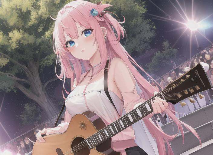 boqi,1girl,gotou hitori,((cube hair ornament)),solo,pink hair,blue eyes,<lora:boqi_20230625190201:0.4>,outdoor,On the stairs,Guitar,on stage,Light behind the body,Many people in front of the stage,, masterpiece, best quality,