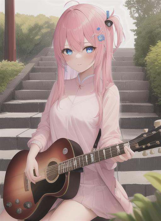 boqi,1girl,gotou hitori,((cube hair ornament)),solo,pink hair,blue eyes,<lora:boqi_20230625190201:0.4>,outdoor,On the stairs,Guitar,, masterpiece, best quality,