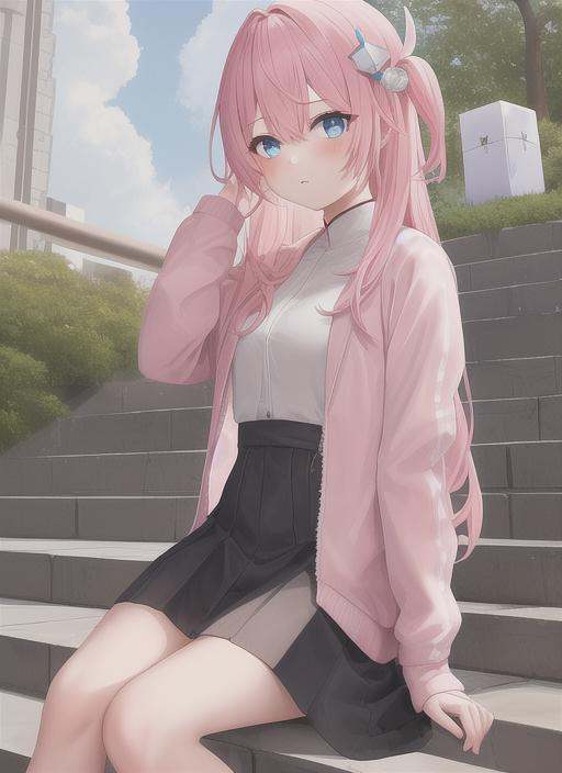 boqi,1girl,gotou hitori,((cube hair ornament)),solo,pink hair,blue eyes,<lora:boqi_20230625190201:0.4>,outdoor,On the stairs,, masterpiece, best quality,