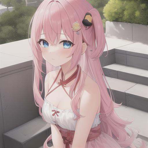 boqi,1girl,gotou hitori,((cube hair ornament)),solo,pink hair,blue eyes,<lora:boqi_20230625190201:0.2>,outdoor,On the stairs,, masterpiece, best quality,