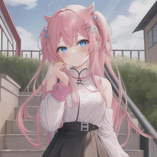boqi,1girl,gotou hitori,((cube hair ornament)),solo,pink hair,blue eyes,<lora:boqi_20230625190201:0.2>,outdoor,On the stairs,, masterpiece, best quality,