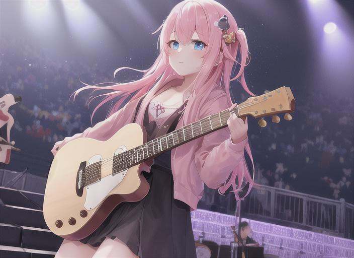boqi,1girl,gotou hitori,((cube hair ornament)),solo,pink hair,blue eyes,<lora:boqi_20230625190201:0.4>,outdoor,On the stairs,Guitar,on stage,Light behind the body,Many people in front of the stage,, masterpiece, best quality,