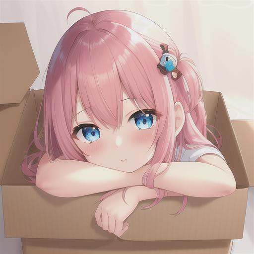 boqi,1girl,gotou hitori,cube hair ornament,solo,pink hair,in container,in box,blue eyes,hair ornament,box,cardboard box,<lora:boqi_20230625190201:0.2>,, masterpiece, best quality,