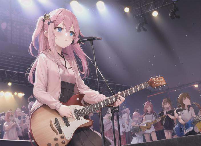 boqi,1girl,gotou hitori,((cube hair ornament)),solo,pink hair,blue eyes,<lora:boqi_20230625190201:0.4>,outdoor,On the stairs,Guitar,on stage,Light behind the body,Many people in front of the stage,, masterpiece, best quality,