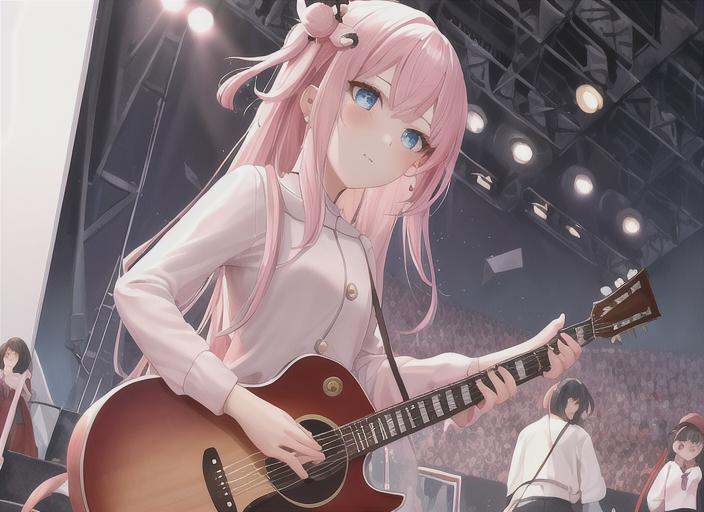 boqi,1girl,gotou hitori,((cube hair ornament)),solo,pink hair,blue eyes,<lora:boqi_20230625190201:0.4>,outdoor,On the stairs,Guitar,on stage,Light behind the body,Many people in front of the stage,, masterpiece, best quality,