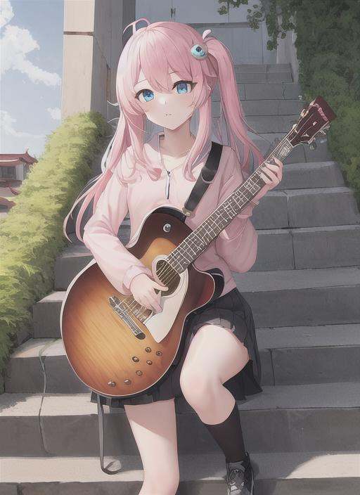 boqi,1girl,gotou hitori,((cube hair ornament)),solo,pink hair,blue eyes,<lora:boqi_20230625190201:0.4>,outdoor,On the stairs,Guitar,, masterpiece, best quality,