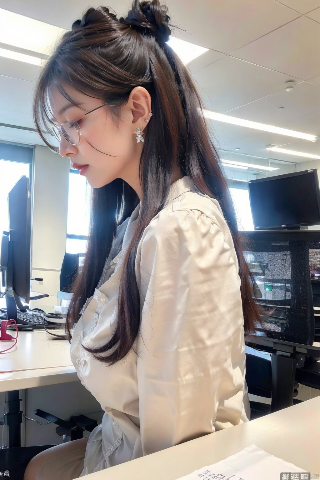 Prompt
enormous_breasts,yokozuwari,1girl solo long hair brown hair shirt black hair jewelry sitting closed eyes white shirt upper body earrings glasses indoors profile watermark chair realistic computer monitor keyboard \(computer,nude,enormous_breasts,nsfw, 