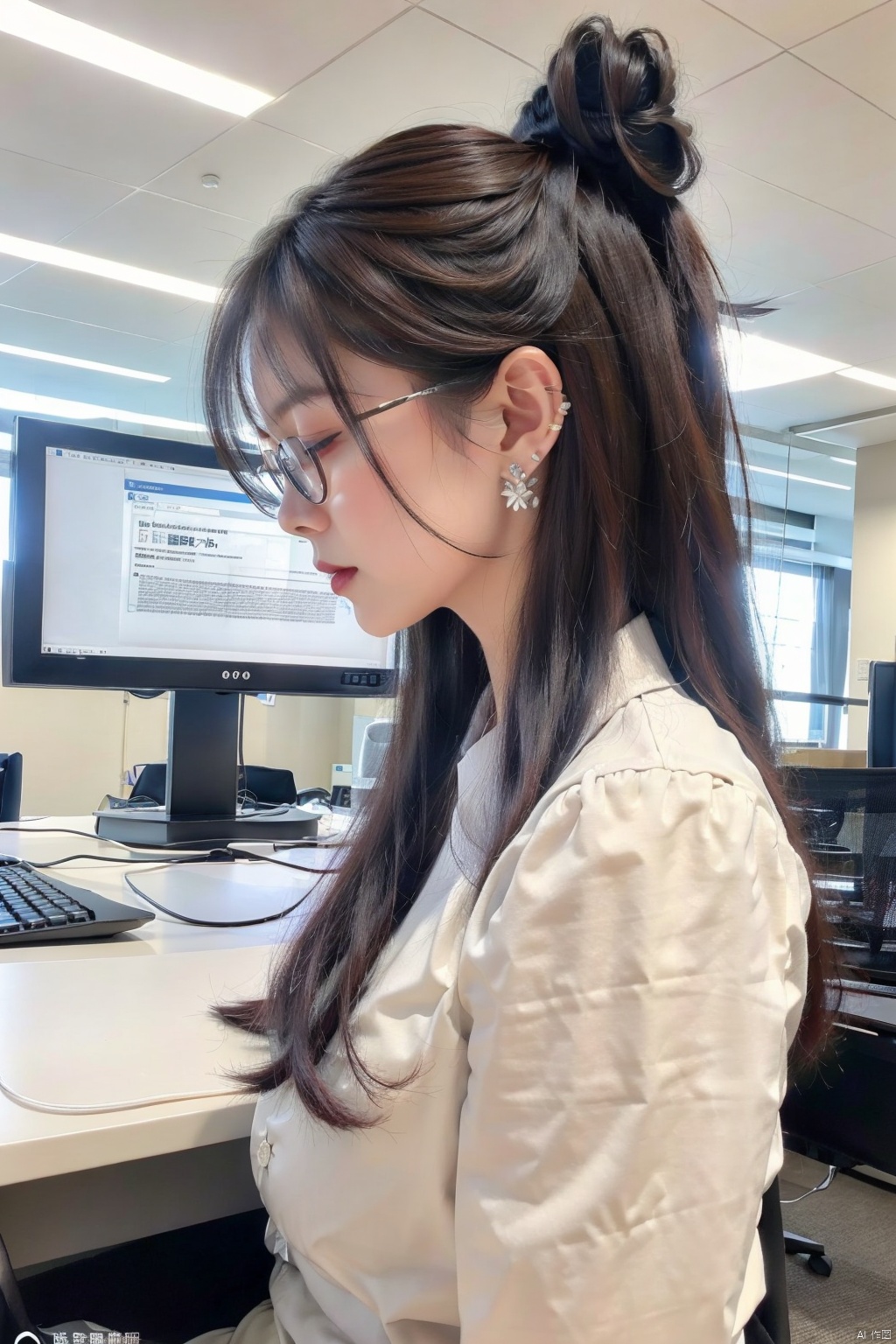 Prompt
enormous_breasts,yokozuwari,1girl solo long hair brown hair shirt black hair jewelry sitting closed eyes white shirt upper body earrings glasses indoors profile watermark chair realistic computer monitor keyboard \(computer