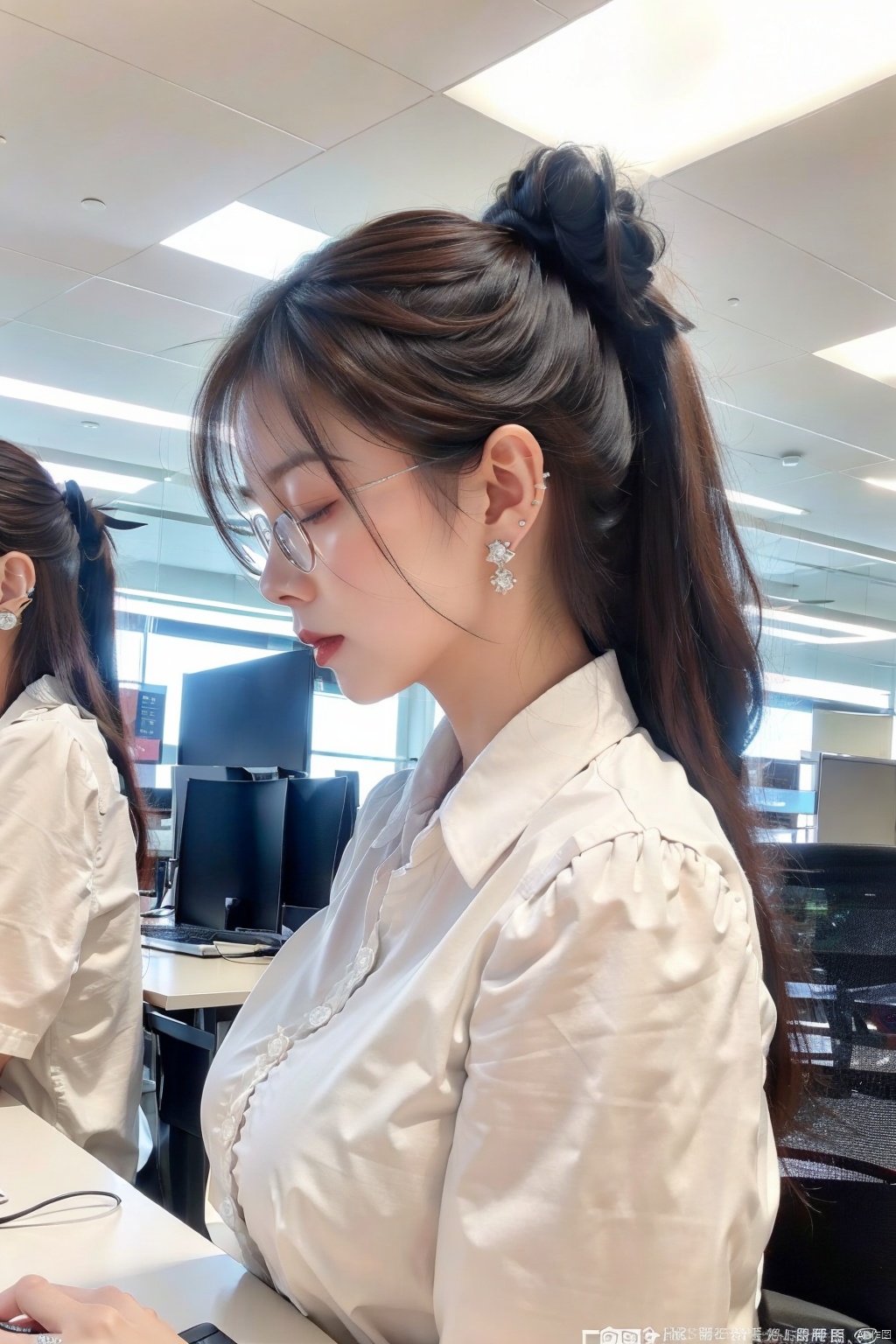 Prompt
enormous_breasts,yokozuwari,1girl solo long hair brown hair shirt black hair jewelry sitting closed eyes white shirt upper body earrings glasses indoors profile watermark chair realistic computer monitor keyboard \(computer