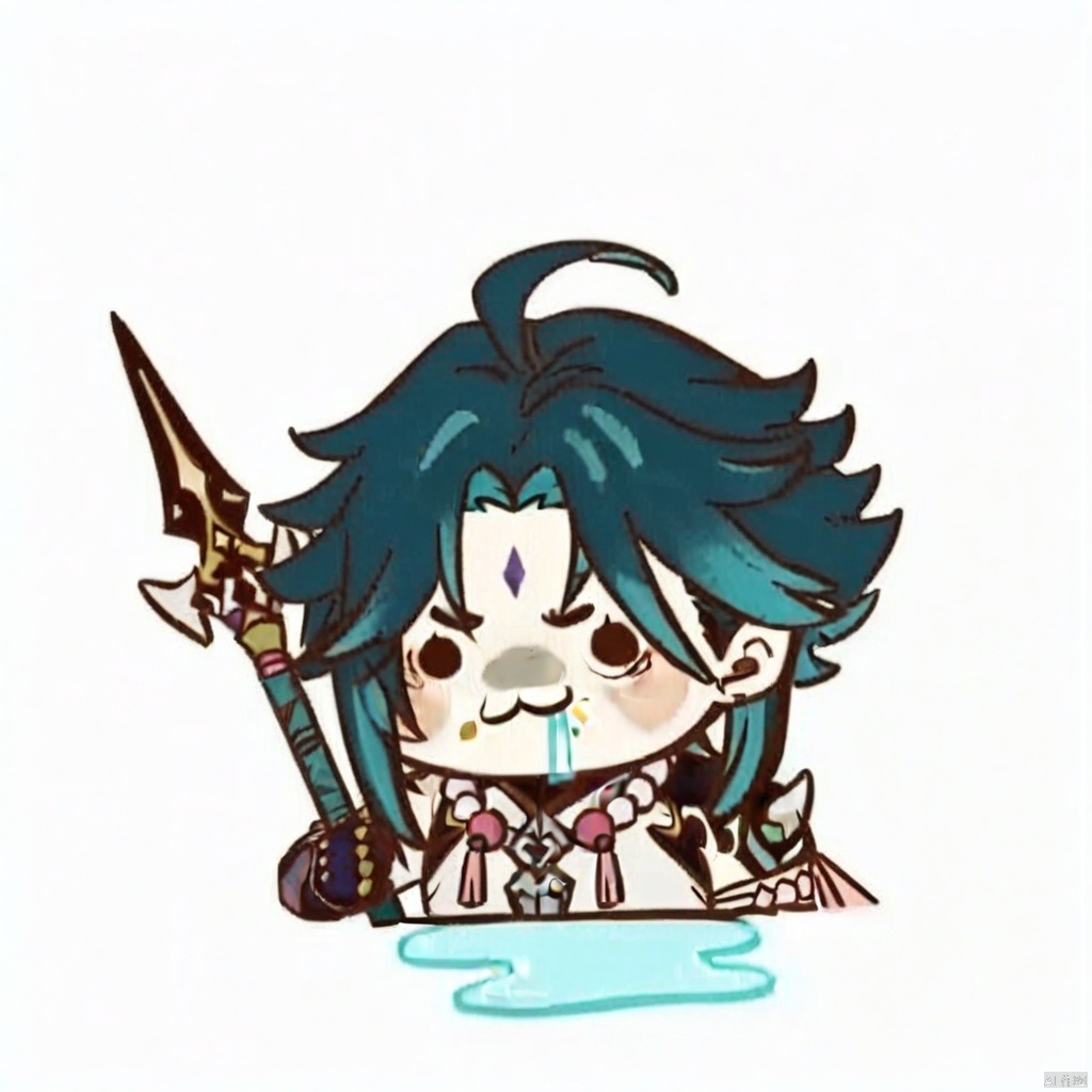 chibi,drooling,food on face,:3,(masterpiece),(best quality),1boy, solo, xiao \(genshin impact\), weapon, male focus, necklace, polearm, white background, jewelry, holding weapon, simple background, holding, smile, multicolored hair, bead necklace, green hair, full body, gloves, holding polearm, spear, asymmetrical clothes, tattoo, beads, ahoge, standing, closed mouth, bangs, detached sleeves, looking at viewer, facial mark, arm guards