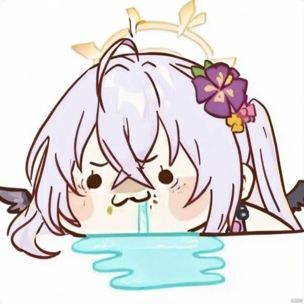  chibi,drooling,food on face,:3,(masterpiece),(best quality),1girl, solo, hair ornament, azusa (blue archive), swimsuit, hair flower, bikini, long hair, flower, necklace, jewelry, frilled bikini, looking at viewer, frills, hair between eyes, blush, open mouth, purple eyes, smile, wings, halo, bow, bead necklace, strapless, beads, ahoge, bare shoulders, strapless bikini, outdoors, purple flower, official alternate costume, knees up, crossed bangs, white hair