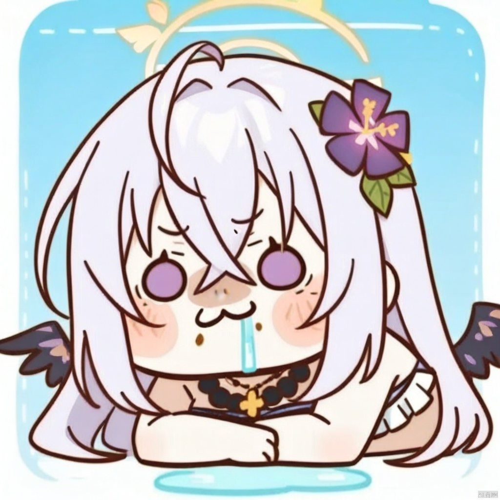 chibi,drooling,food on face,:3,(masterpiece),(best quality),1girl, solo, hair ornament, azusa (blue archive), swimsuit, hair flower, bikini, long hair, flower, necklace, jewelry, frilled bikini, looking at viewer, frills, hair between eyes, blush, open mouth, purple eyes, smile, wings, halo, bow, bead necklace, strapless, beads, ahoge, bare shoulders, strapless bikini, outdoors, purple flower, official alternate costume, knees up, crossed bangs, white hair