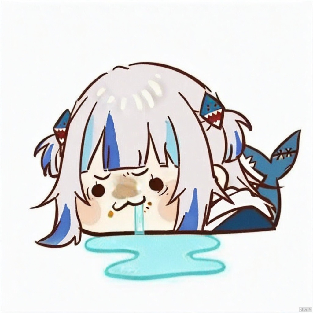 chibi,drooling,food on face,:3,(masterpiece),(best quality),1girl, gawr gura, virtual youtuber, tail, fish tail, shark tail, solo, blue eyes, multicolored hair, grey hair, full body, blue hair, streaked hair, bangs, hair ornament, shark hair ornament, two side up, white background, hood, blunt bangs, shark girl, hoodie, simple background, blue hoodie