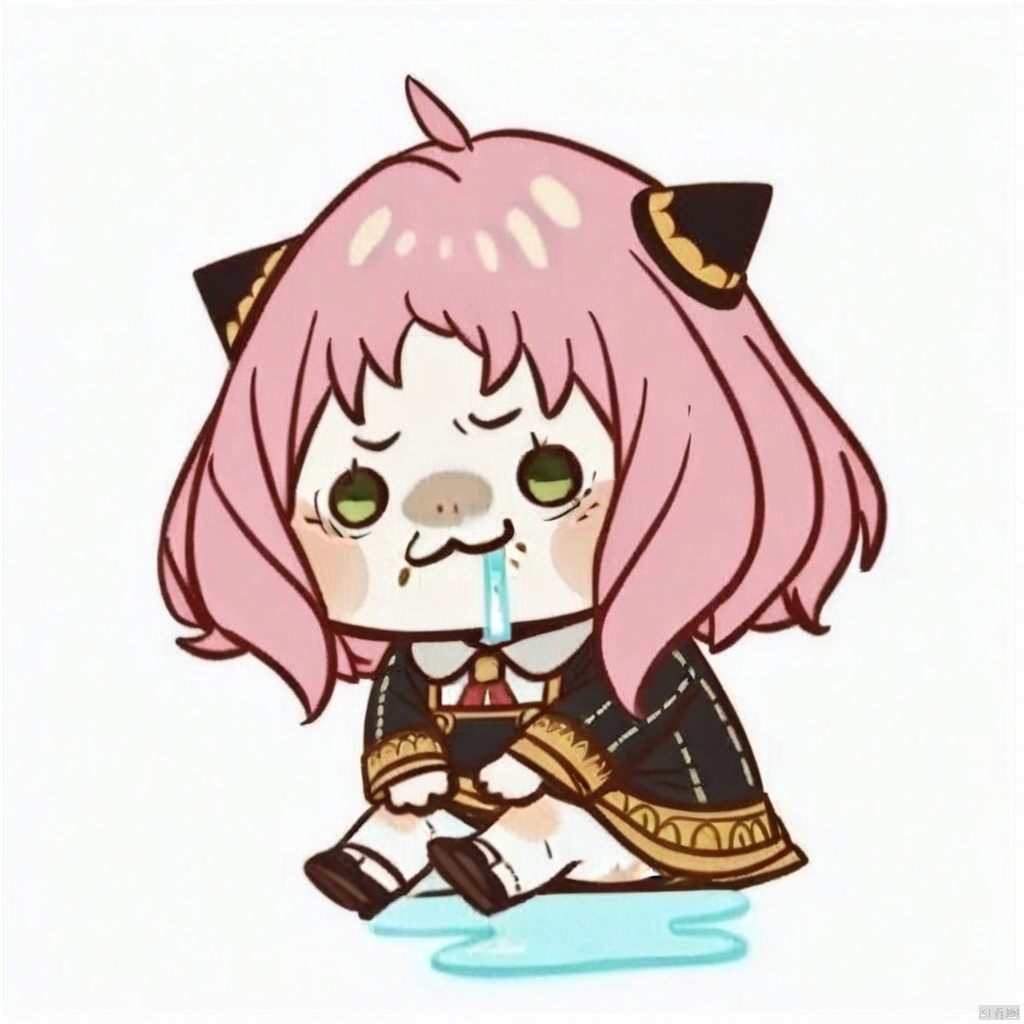 chibi,drooling,food on face,:3,(masterpiece),(best quality),Anya Forger, 1girl, anya \(spy x family\), solo, female child, pink hair, green eyes, school uniform, eden academy school uniform, smile, dress, sitting, looking at viewer, open mouth, black footwear, black dress, child, shirt, :d, long sleeves, full body, shoes, medium hair, bangs, ahoge, white pantyhose, collared shirt