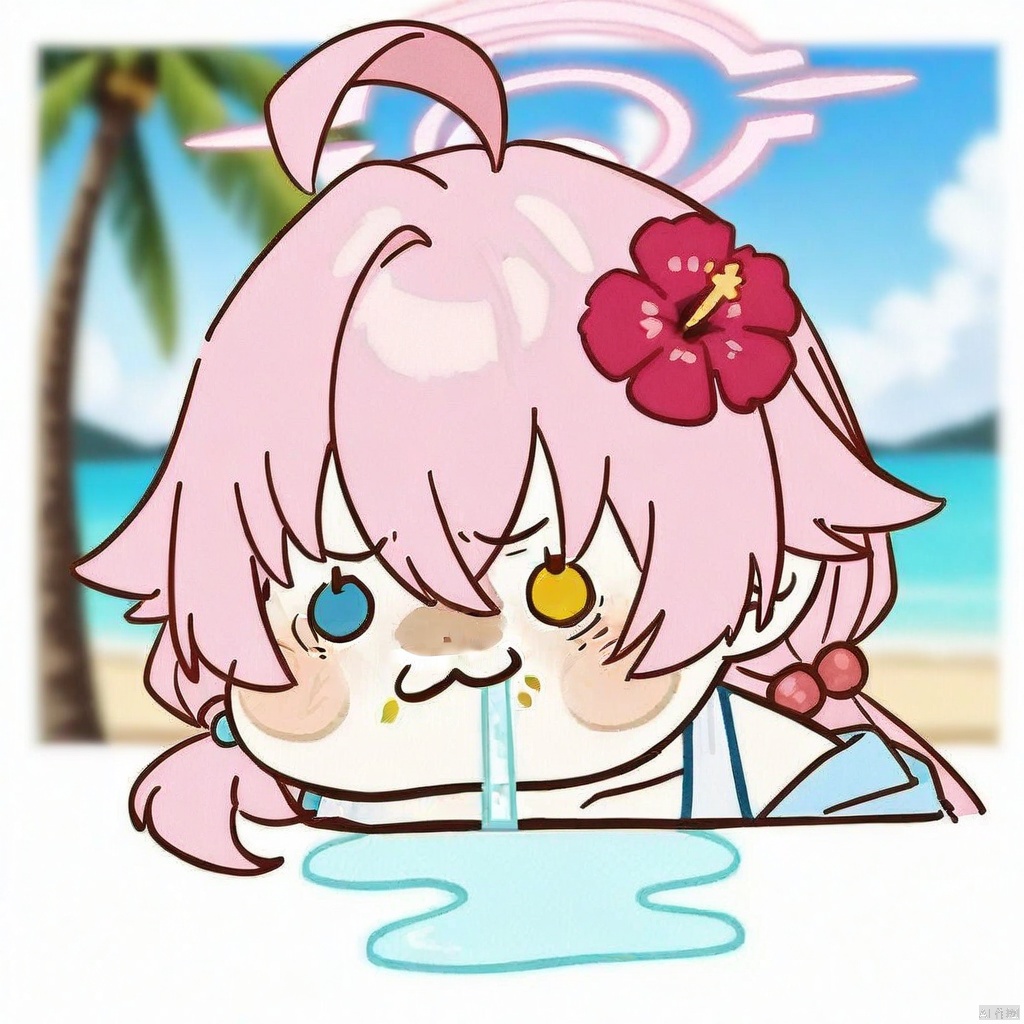  chibi,drooling,food on face,:3,(masterpiece),(best quality),solo, red flower, 1girl, hoshino (blue archive), flower, blue jacket, hoshino (swimsuit) (blue archive), hair ornament, white bikini, frilled bikini, heterochromia, swimsuit, twintails, long hair, ahoge, yellow eyes, bikini, navel, halo, blush, looking at viewer, jacket, frills, low twintails, blue eyes, open mouth, pink hair, collarbone, hair between eyes, hair bobbles, outdoors, long sleeves, hair flower, official alternate costume, hibiscus, open clothes, blurry