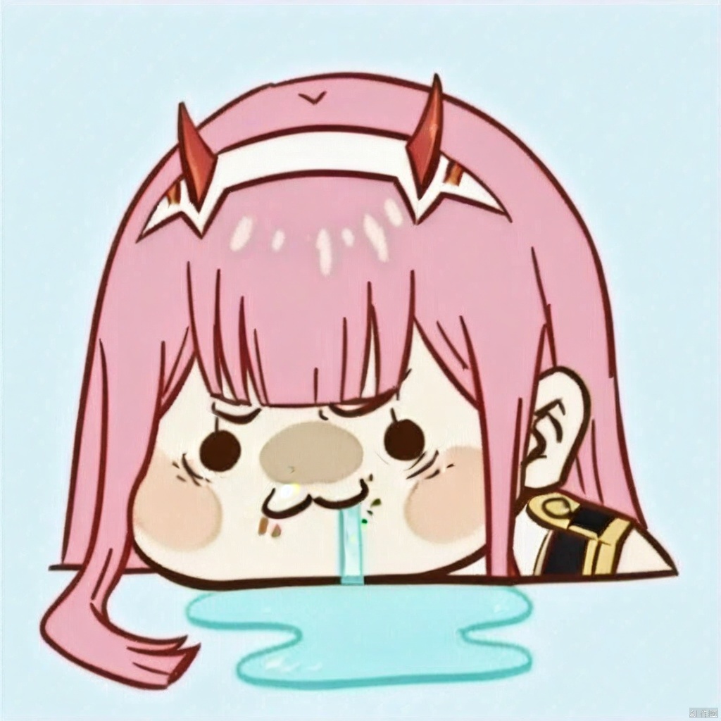chibi,drooling,food on face,:3,(masterpiece),(best quality),1girl, aqua_background, aqua_eyes, blue_background, buttons, double-breasted, fangs, green_eyes, hairband, horns, long_hair, looking_at_viewer, military, military_uniform, necktie, pink_hair, sky, solo, tongue, tongue_out, uniform, white_hairband, zero_two_\(darling_in_the_franxx\)