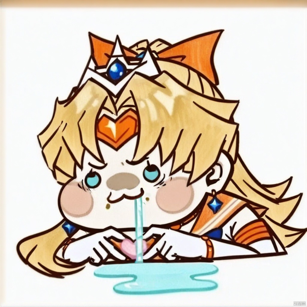 chibi,drooling,food on face,:3,(masterpiece),(best quality),1girl,sailor venus,masterpiece,best quality,very aesthetic,absurdres,aavenus,long hair,blonde hair,hair bow,tiara,blue eyes,earrings,orange choker,collarbone,orange sailor collar,blue bowtie,white shirt,white leotard,elbow gloves,white gloves,pleated skirt,orange skirt,heart hands,traditional media,