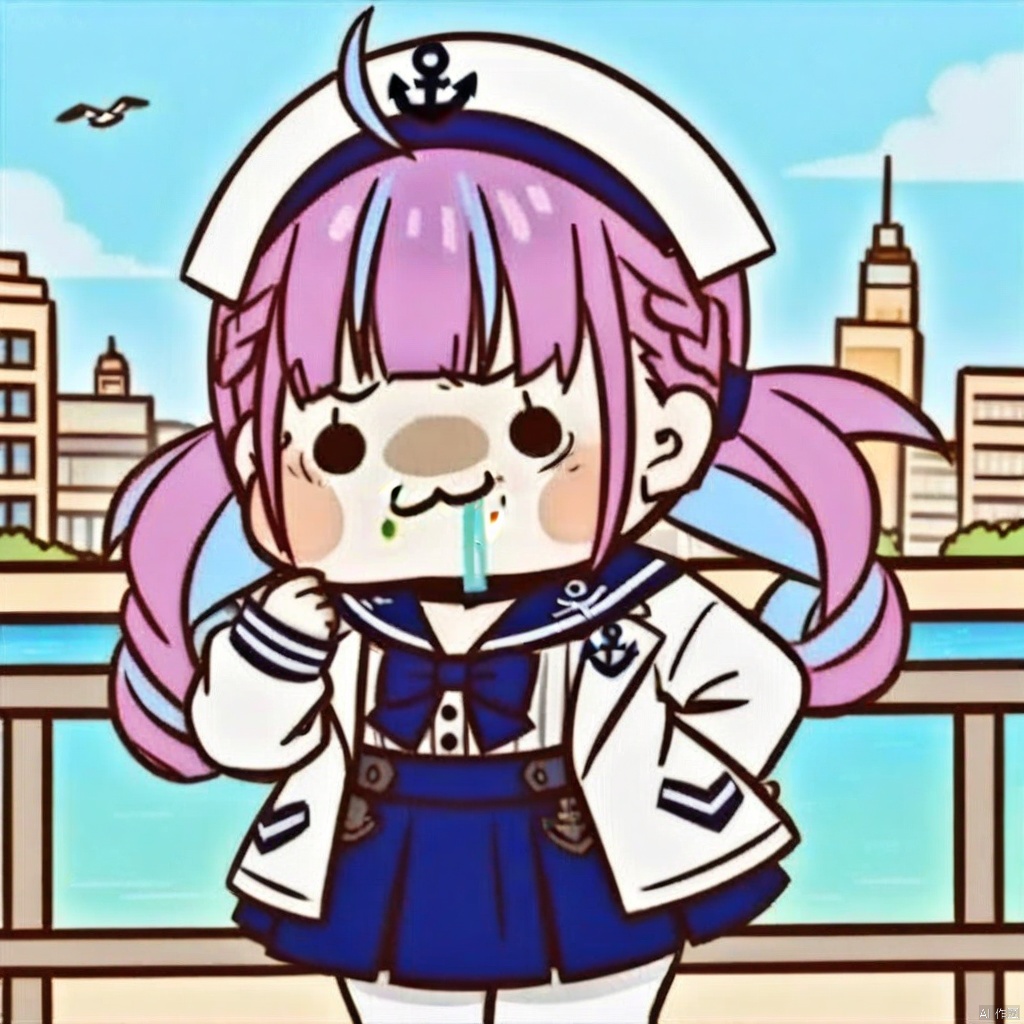 chibi,drooling,food on face,:3,(masterpiece),(best quality),1girl, solo, virtual youtuber, multicolored hair, minato aqua, long hair, skirt, braid, looking at viewer, twin braids, bird, bangs, blue hair, outdoors, pantyhose, long sleeves, purple eyes, hat, pink hair, blue skirt, twintails, ahoge, two-tone hair, blush, bow, sailor collar, shirt, hairband, white jacket, pleated skirt, jacket, railing, white pantyhose, breasts, ribbon, white shirt, blue sky, day, streaked hair, open mouth, frills, blue sailor collar, sky, seagull, high-waist skirt, choker, blue bow, red flower, open clothes, standing, colored inner hair, hand up, bowtie, open jacket, collarbone, anchor symbol, cityscape, smile, blue nails