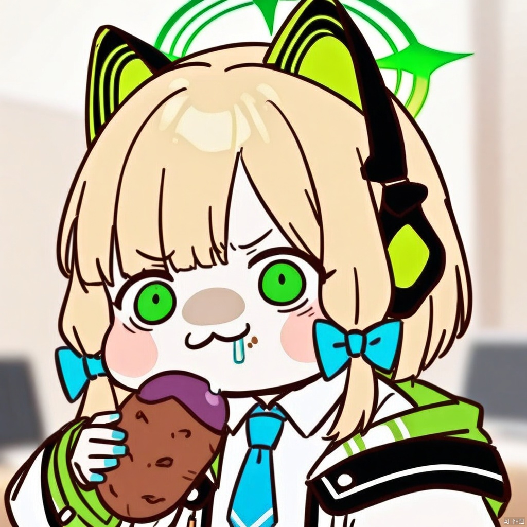 chibi,drooling,food on face,:3,(masterpiece),(best quality),1girl,midori \(blue archive\),blue archive,aiamu iamu,holding food,holding,hooded jacket,food,sidelocks,:d,collared shirt,blurry,long sleeves,puffy sleeves,headphones,blue bow,hand up,necktie,halo,looking at viewer,jacket,sleeves past wrists,blush,nail polish,blue necktie,animal ear headphones,blurry background,blonde hair,shirt,green eyes,hood down,open clothes,depth of field,hood,smile,white jacket,fake animal ears,bow,puffy long sleeves,open jacket,solo,dress shirt,animal ears,white shirt,blue nails,hair bow,long hair,drawstring,sweet potato, chibi_drooling