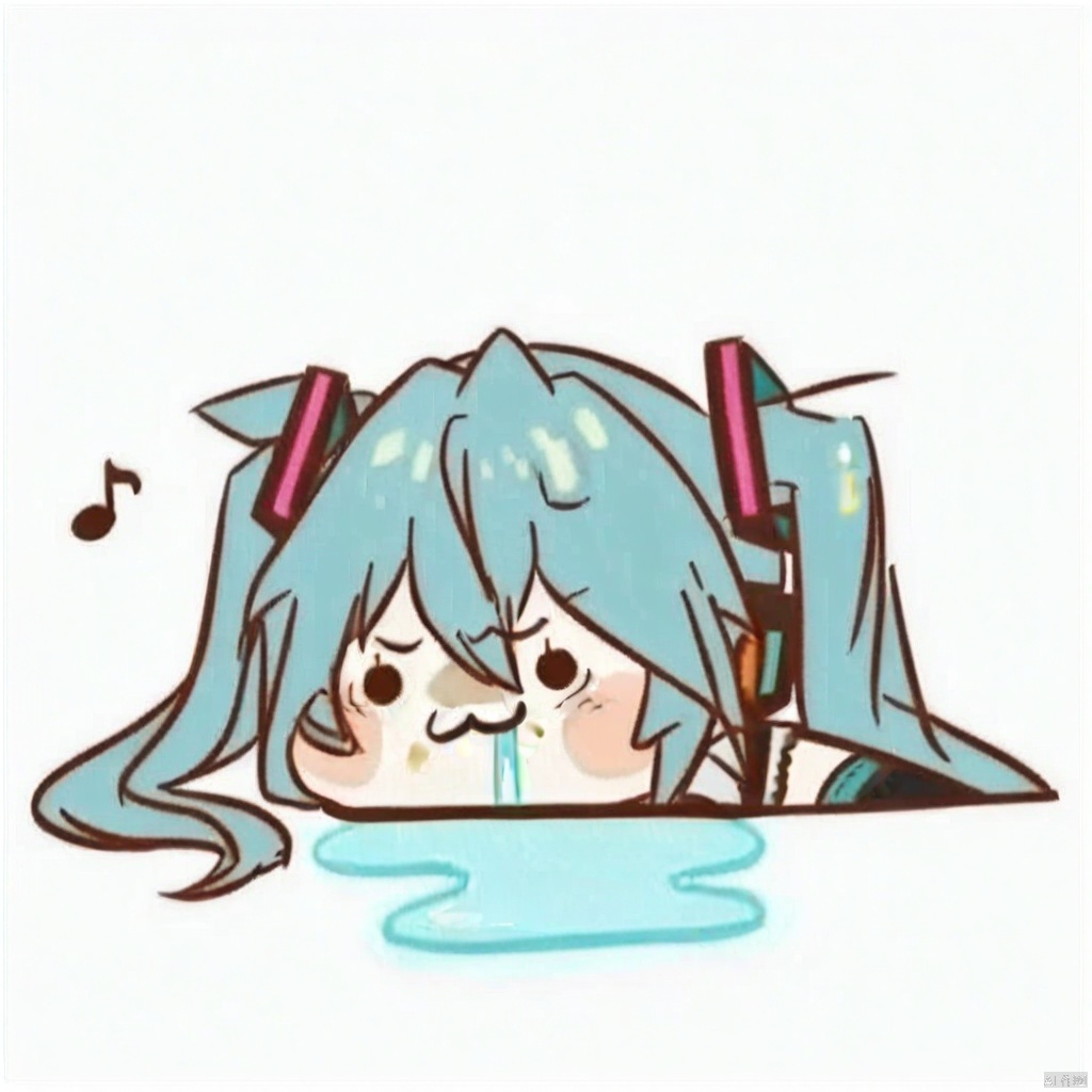 chibi,drooling,food on face,:3,1girl, hatsune miku, twintails, necktie, solo, skirt, shirt, aqua hair, black skirt, aqua eyes, detached sleeves, long hair, sleeveless, white shirt, open mouth, white background, aqua necktie, black sleeves, sleeveless shirt, outstretched arms, very long hair, blush stickers, pleated skirt, hair ornament, miniskirt, bare shoulders, musical note