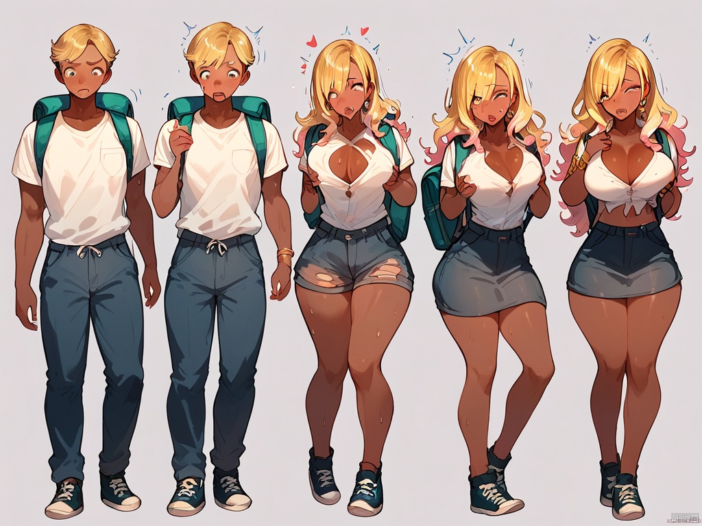 1boy,white skin,with backpack, tsf sequence, breast expansion, hair growth, gender bender,gyaru,blonde hair,dark skin,mature female,transformation,score_9, score_8_up, score_7_up, score_6_up,