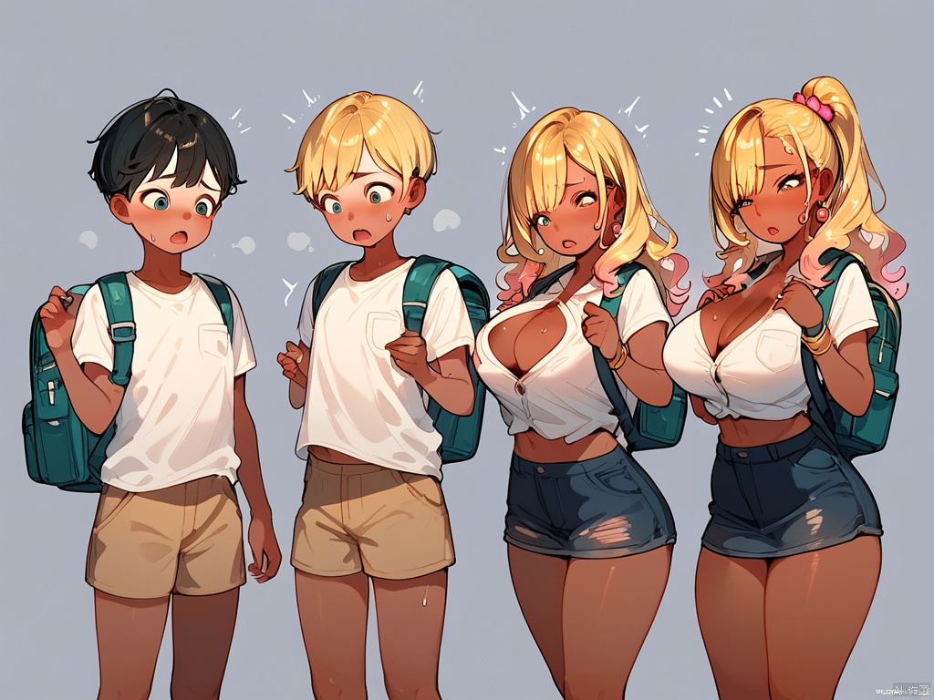  1boy,shota,black hair,white skin,with backpack, tsf sequence, breast expansion, hair growth, gender bender,gyaru,blonde hair,dark skin,mature female,transformation,score_9, score_8_up, score_7_up, score_6_up,