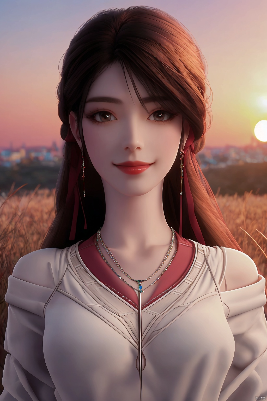1girl, solo, looking at viewer, outdoors, long hair, brown hair, smile, necklace, jewelry, sweater, sunset, off shoulder, realistic, lips, sky, grass, upper body, cityscape, bra