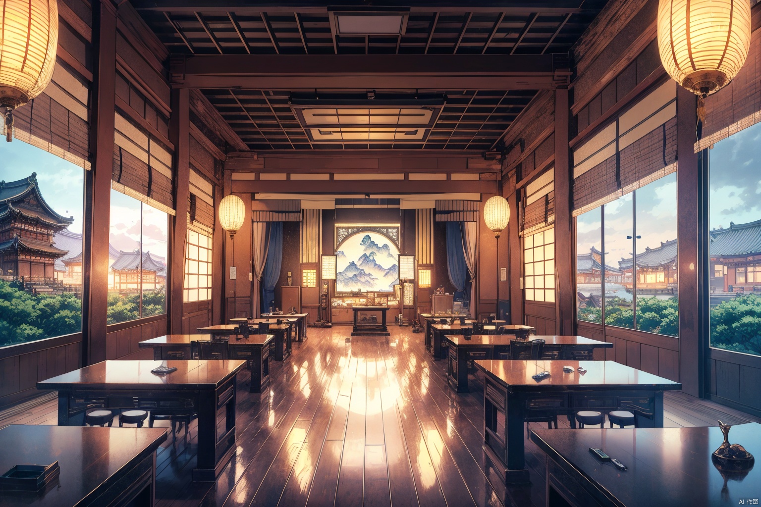 indoors, east asian, 16K CG, 8k, masterpiece, CG, best quality, high detailed, high detailed CG, No logo, no test, no humans, indoors, east asian architecture, big room, curtains, short table, scenery, ancient, ancient architecture,动漫