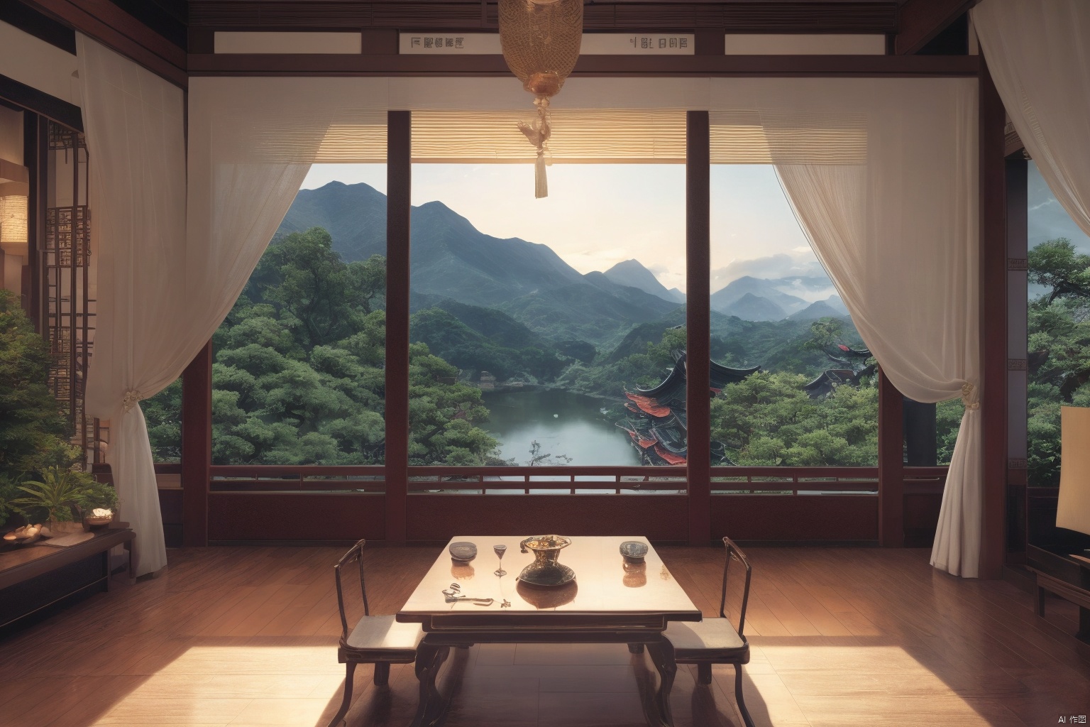 indoors, east asian, 16K CG, 8k, masterpiece, CG, best quality, high detailed, high detailed CG, No logo, no test, no humans, indoors, east asian architecture, big room, curtains, short table, scenery, ancient, ancient architecture, trees, mountain, open Landscape,