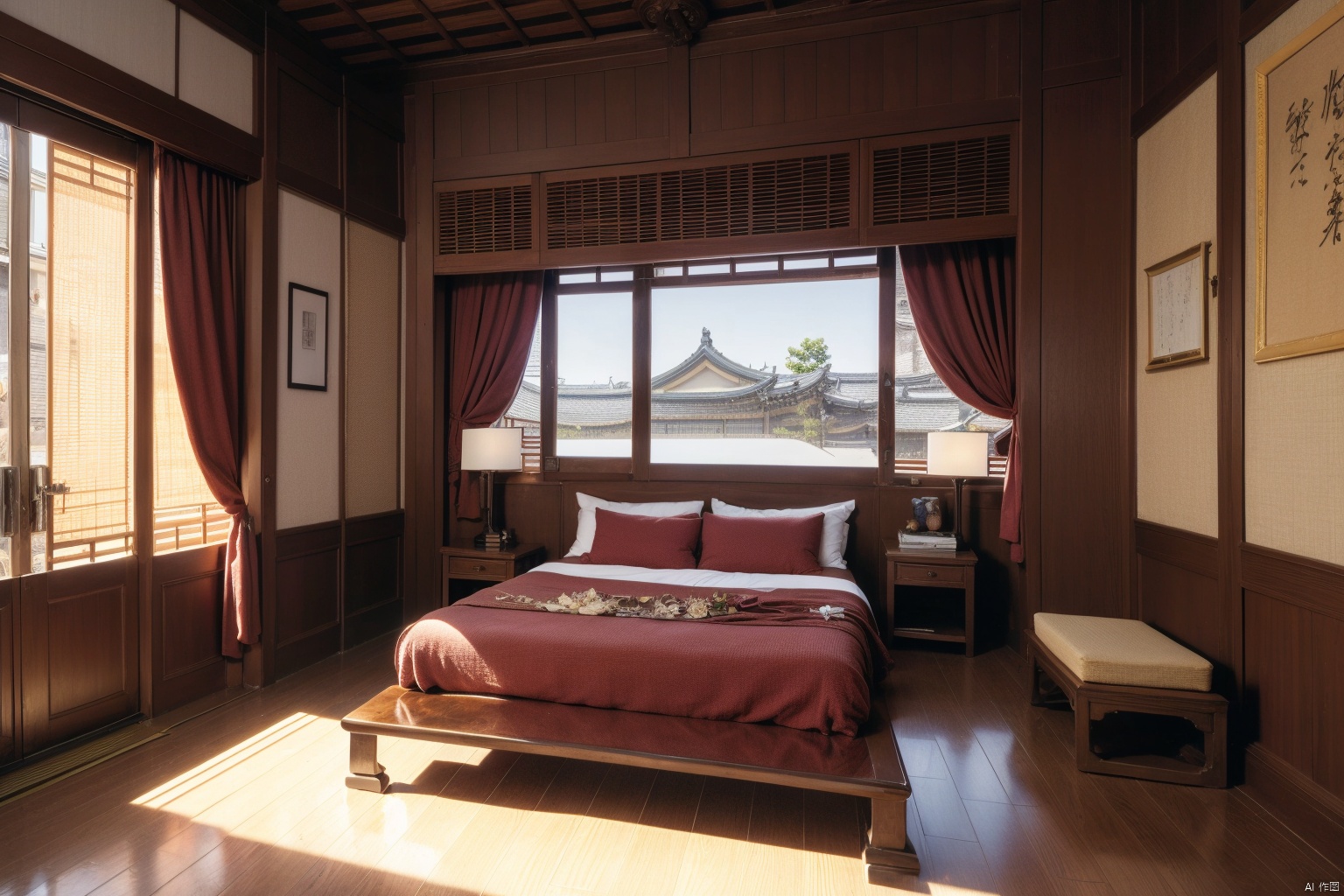 indoors, east asian, 16K CG, 8k, masterpiece, CG, best quality, high detailed, high detailed CG, No logo, no test, no humans, indoors, east asian architecture, big room, curtains, bed, scenery, ancient, ancient architecture, night,