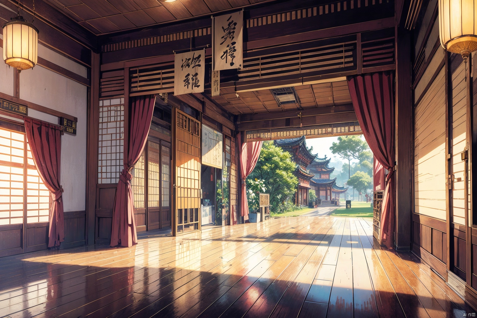 indoors, east asian, 16K CG, 8k, masterpiece, CG, best quality, high detailed, high detailed CG, No logo, no test, no humans, indoors, east asian architecture, big room, curtains, short table, scenery, ancient, ancient architecture,动漫