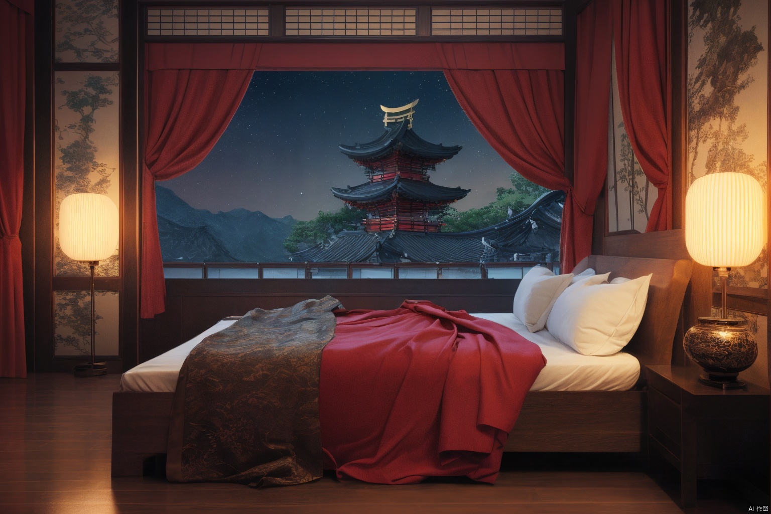 indoors, east asian, 16K CG, 8k, masterpiece, CG, best quality, high detailed, high detailed CG, No logo, no test, no humans, indoors, east asian architecture, big room, curtains, bed, scenery, ancient, ancient architecture, night,