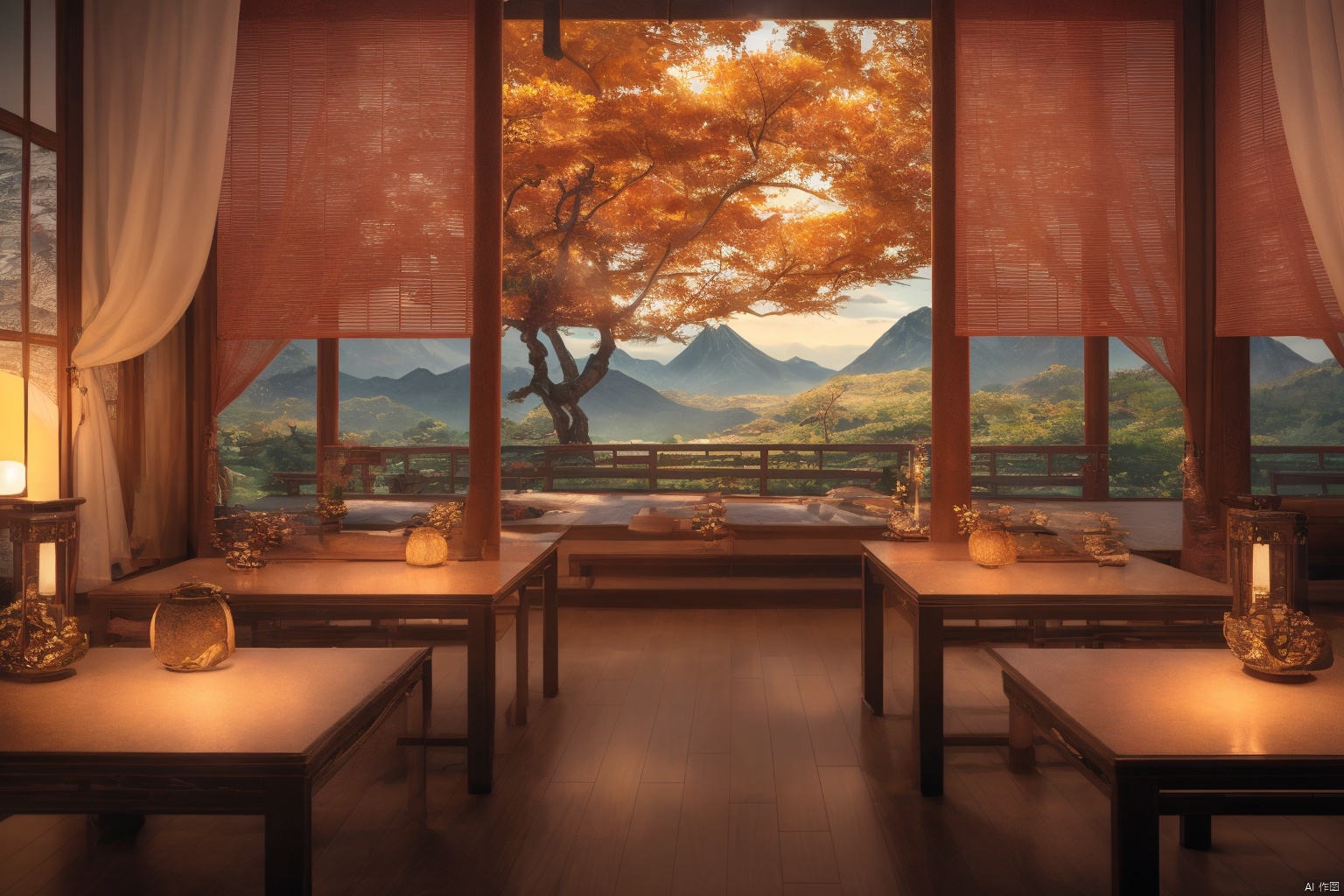 indoors, east asian, 16K CG, 8k, masterpiece, CG, best quality, high detailed, high detailed CG, No logo, no test, no humans, indoors, east asian architecture, big room, curtains, short table, scenery, ancient, ancient architecture, trees, mountain, open Landscape,